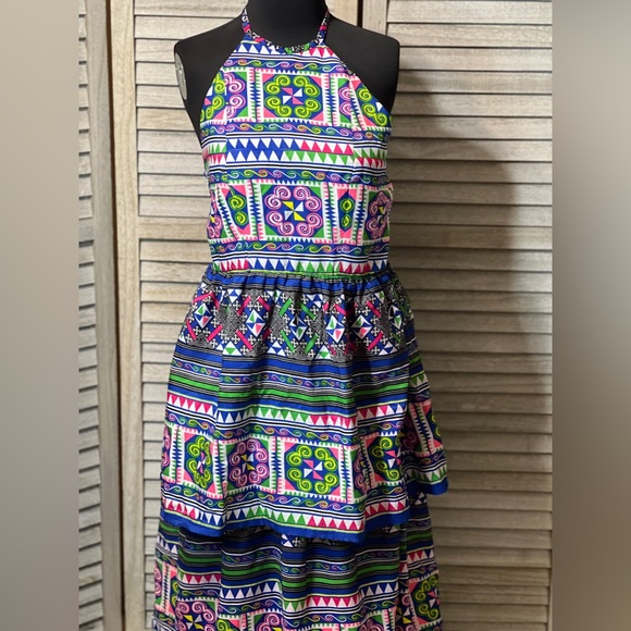 Vintage One of a Kind Geometric Artsy Print Ruffled Halter Backless Maxi Dress - Picture 9 of 13